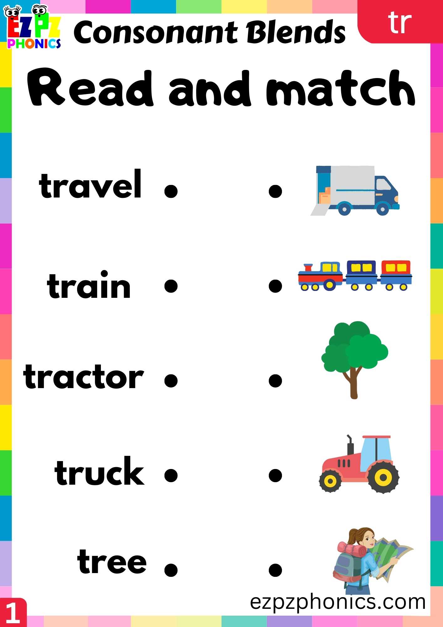 Group1 tr words read and match phonics consonant blends worksheet